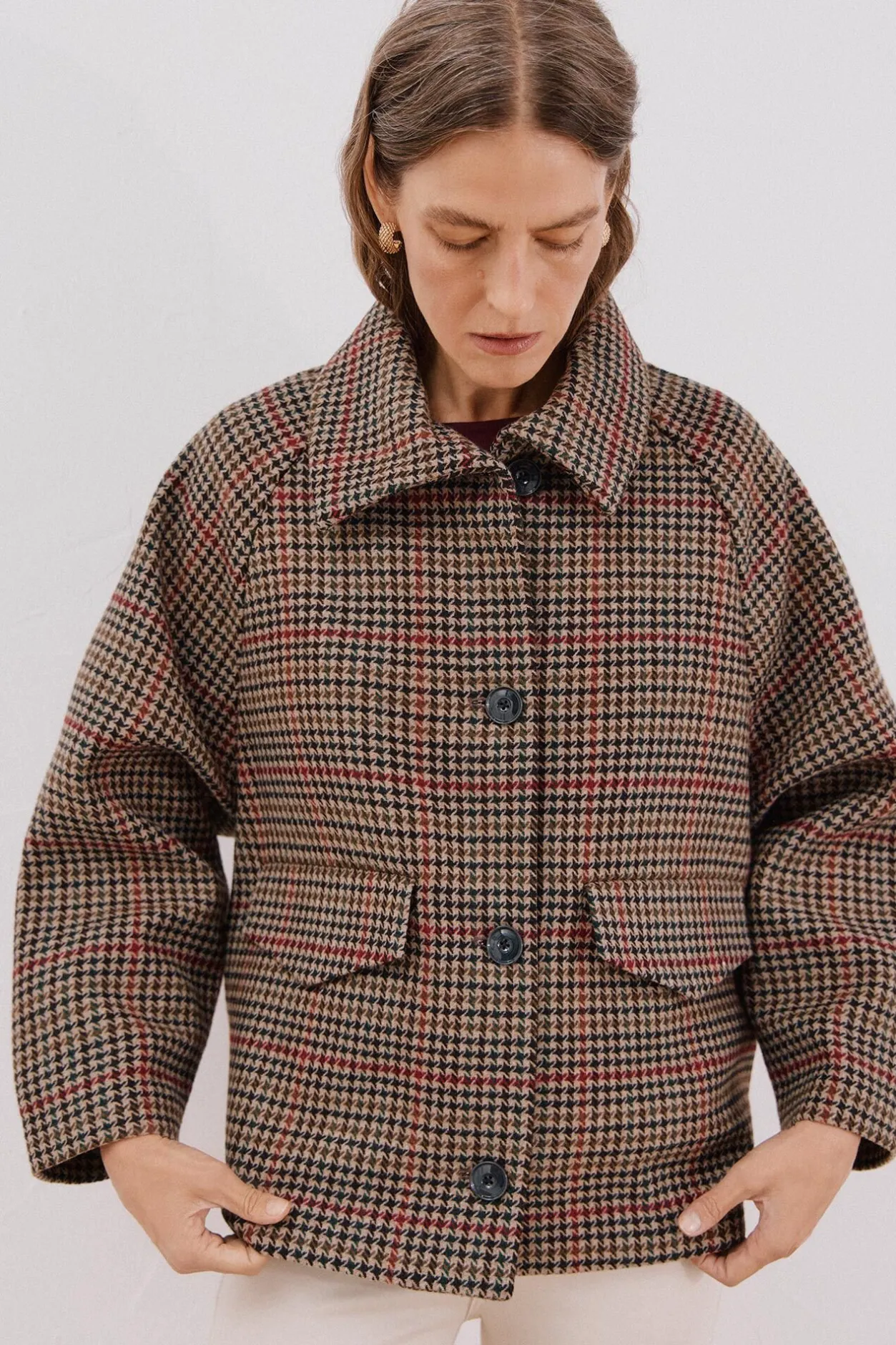 Cortefiel Abrigo corto tejido cuadros Marrón Hot