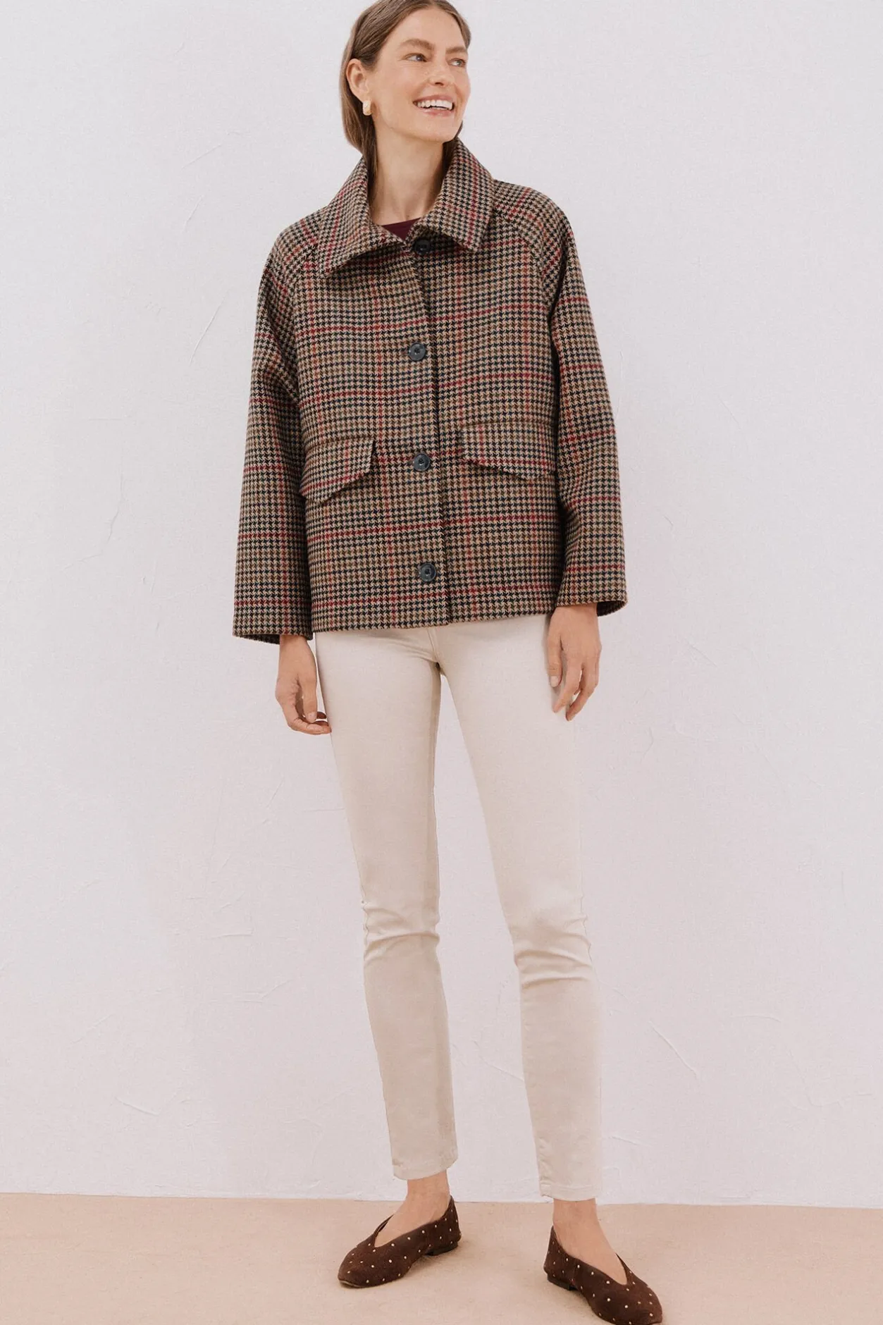 Cortefiel Abrigo corto tejido cuadros Marrón Hot