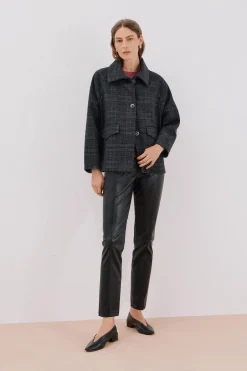 Cortefiel Abrigo corto tejido cuadros Estampado gris Clearance