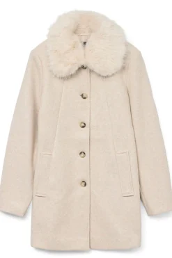 Vero Moda Curve Abrigo de paño cuello de pelo talla grande Beige Hot