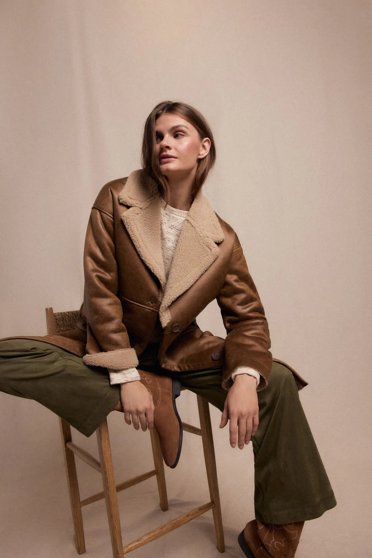 Slowlove Abrigo efecto doble faz largo Beige Best