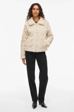 Vila Abrigo efecto pelo con cremallera Beige New