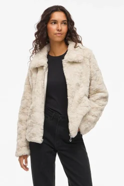 Vila Abrigo efecto pelo con cremallera Beige New