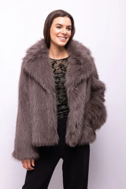 Object Abrigo efecto pelo con solapas Gris oscuro Discount