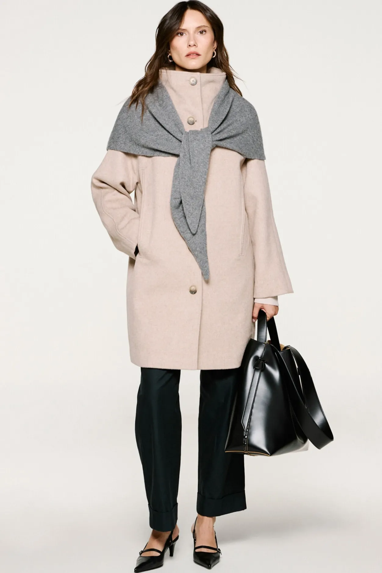 Selected Abrigo lana cuello chimenea. Beige Clearance