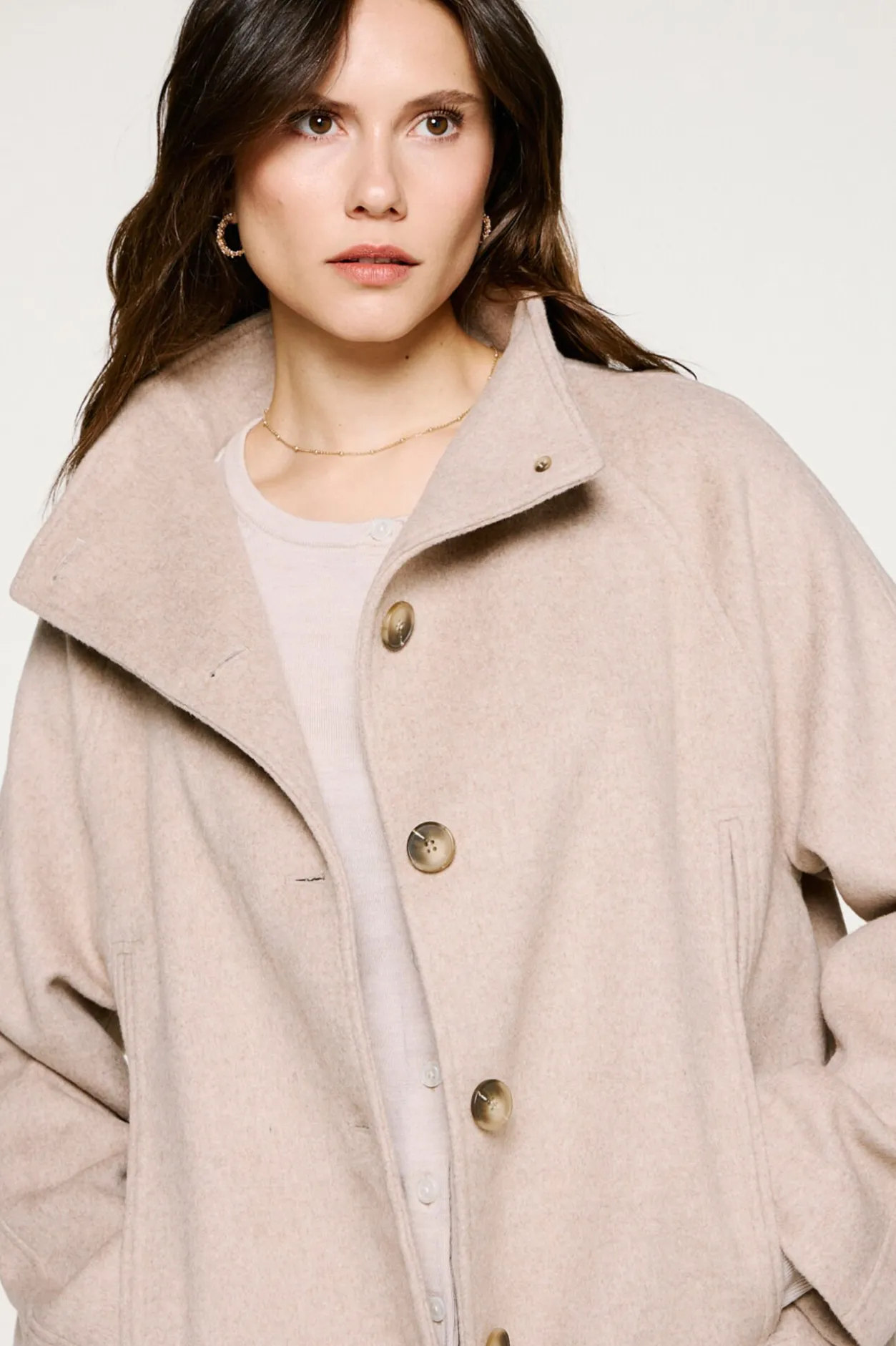 Selected Abrigo lana cuello chimenea. Beige Clearance