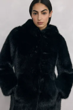 Pedro del Hierro Abrigo largo de efecto pelo Negro Sale