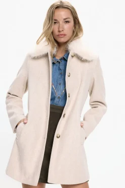 Vero Moda Abrigo midi de paño cuello de pelo Beige Hot