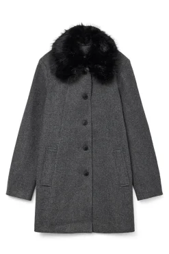 Vero Moda Abrigo midi de paño cuello de pelo Gris oscuro Online