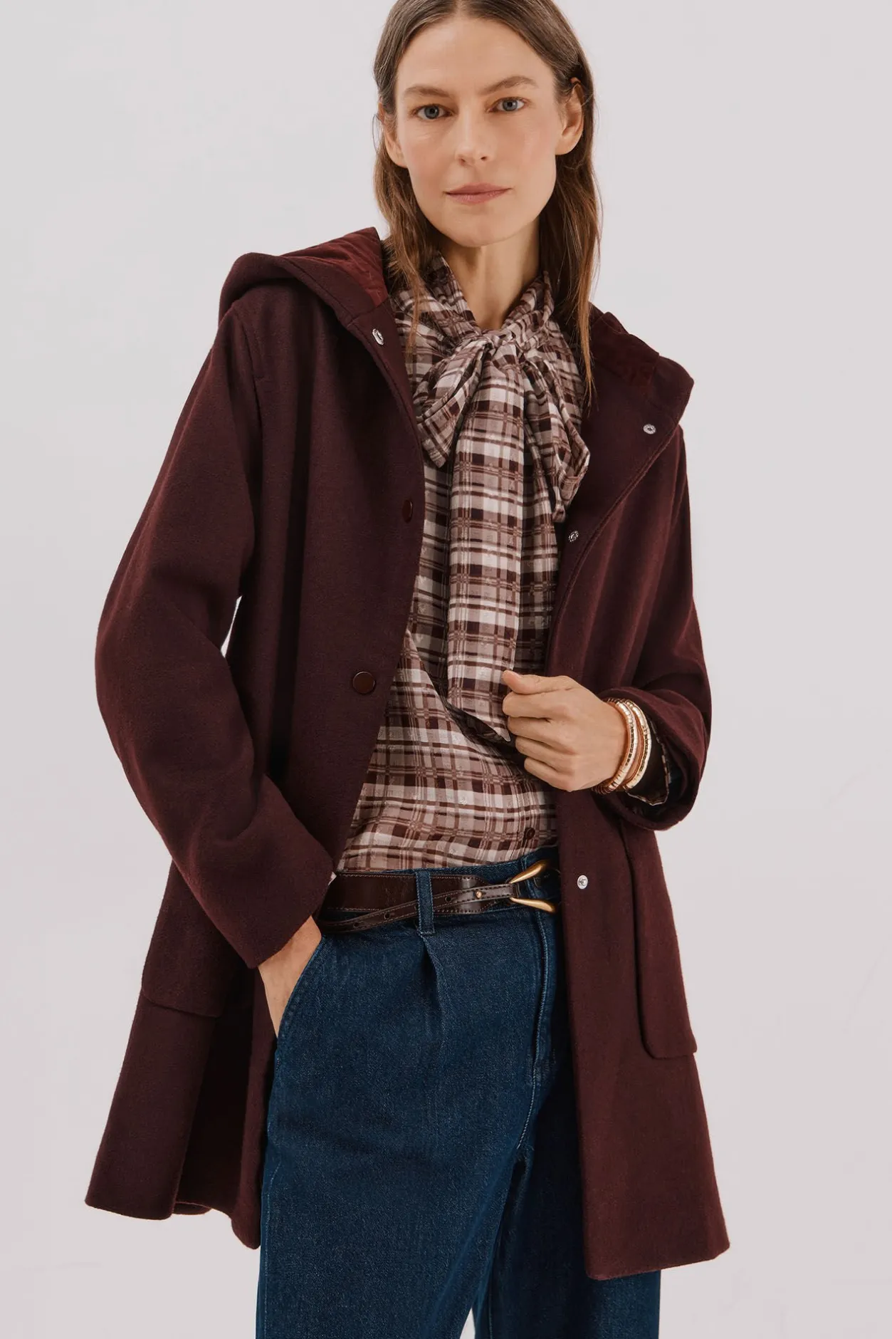 Cortefiel Abrigo paño capucha Granate Discount