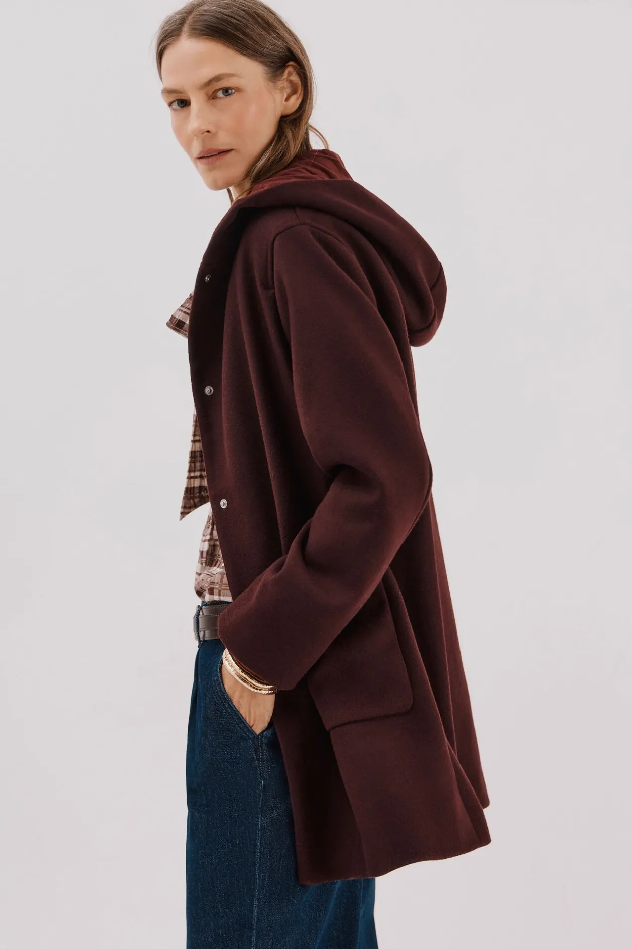 Cortefiel Abrigo paño capucha Granate Discount