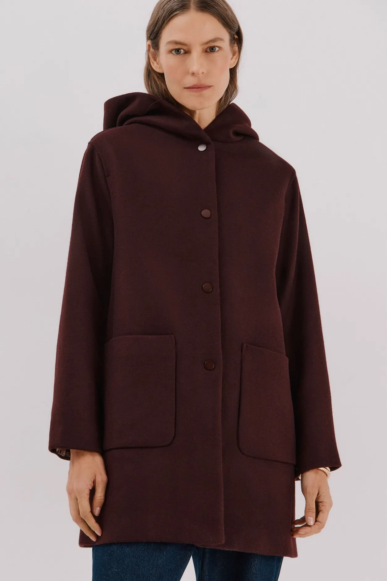 Cortefiel Abrigo paño capucha Granate Discount