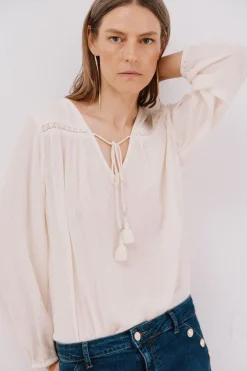 Cortefiel Blusa borlas Blanco Hot