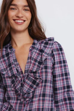 Springfield Blusa cuadros volante azul New