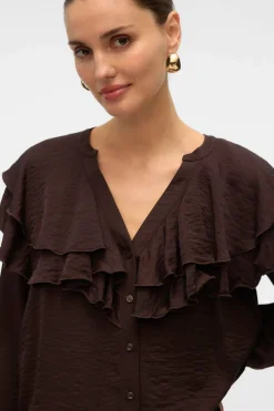 Vero Moda Blusa cuello de volantes Marr&oacute;n oscuro Online