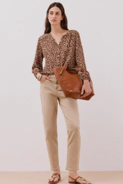 Cortefiel Blusa cuello redondo Estampado marr&oacute;n Discount