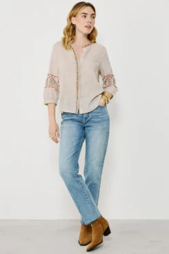 Vila Blusa de algodón con bordados étnicos Estampado beige Hot