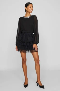 Vila Blusa de gasa con pedrería en el cuello Negro Best