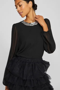 Vila Blusa de gasa con pedrería en el cuello Negro Best