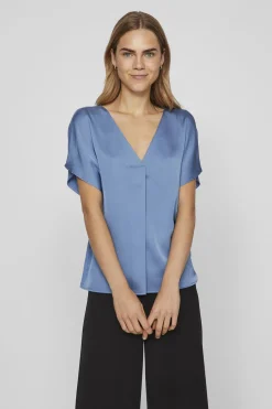 Vila Blusa de manga corta satinada Azul Sale