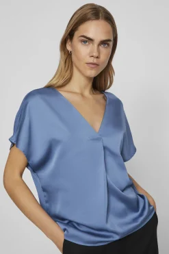 Vila Blusa de manga corta satinada Azul Sale