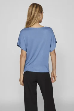 Vila Blusa de manga corta satinada Azul Sale