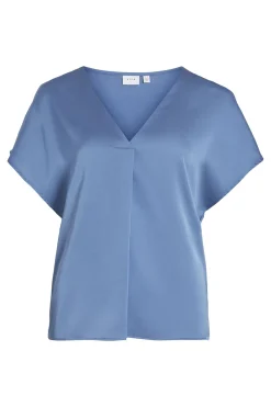 Vila Blusa de manga corta satinada Azul Sale