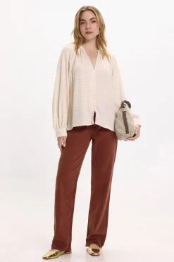 Vila Blusa de manga larga con cuello mao Beige Clearance