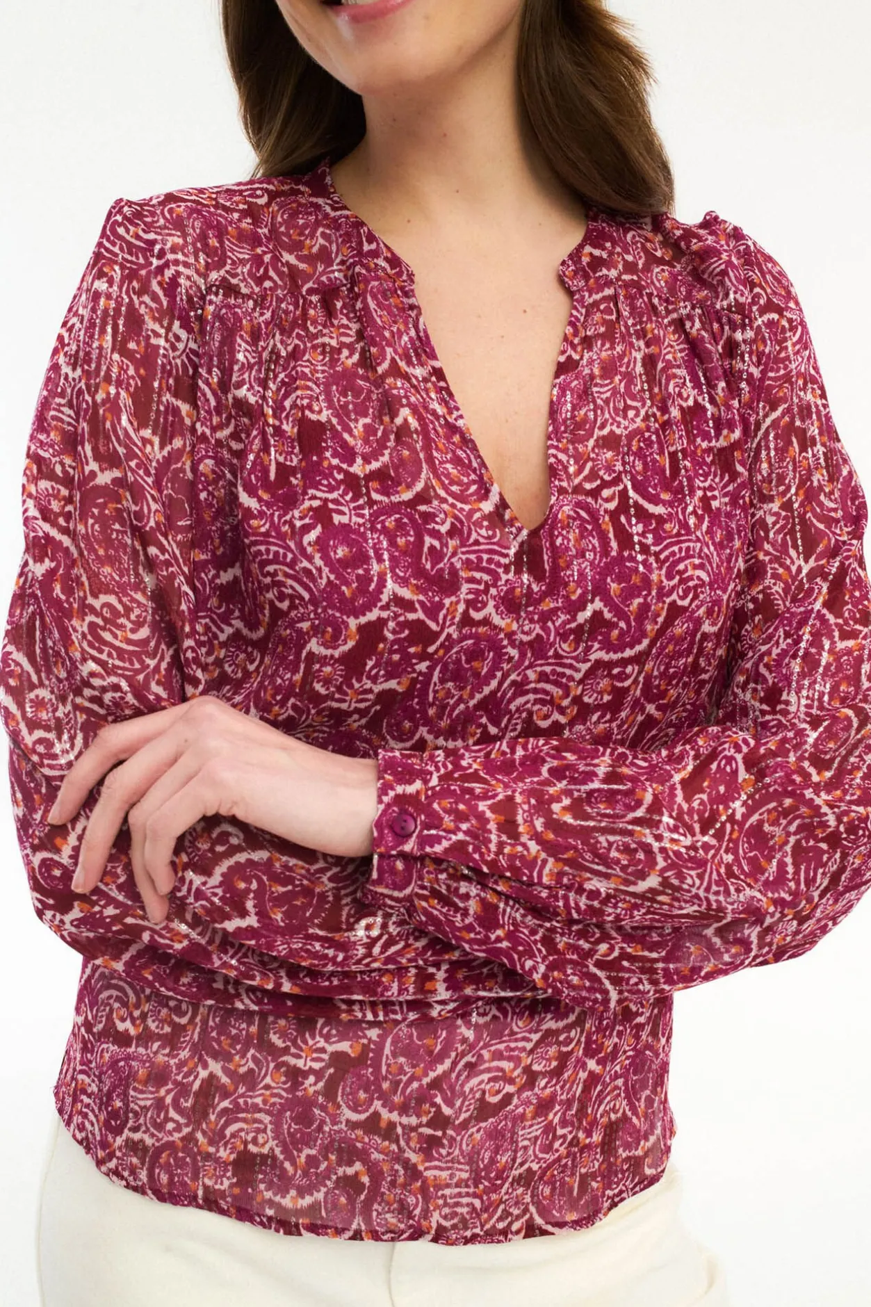 Vila Blusa de manga larga estampada con lúrex Rosa Discount