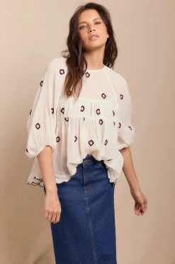 Slowlove Blusa frunces bordados Blanco Clearance