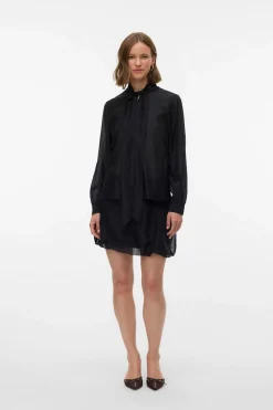 Vero Moda Blusa mujer de manga larga con lazo en el cuello Negro