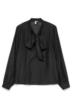 Vero Moda Blusa mujer de manga larga con lazo en el cuello Negro