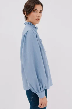 Cortefiel Blusa rayas cuello volantes Azul Hot