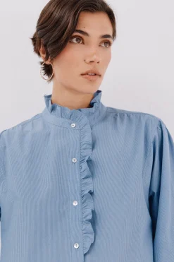 Cortefiel Blusa rayas cuello volantes Azul Hot