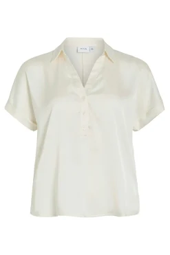 Vila Blusa satinada de manga corta Marfil Best