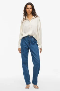 Vila Blusa satinada de manga larga Blanco Sale