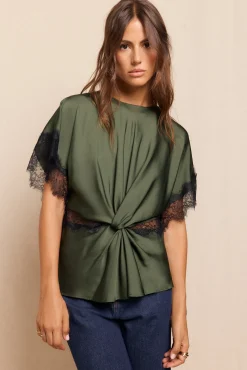 Slowlove Blusa satinada encajes Verde oscuro Sale