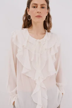 Cortefiel Blusa volante delantero Blanco Hot