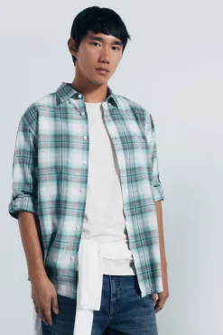 Springfield Camisa algodón slub cuadros verde Online