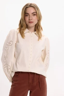 Vila Camisa con calados de algodón orgánico Beige Sale