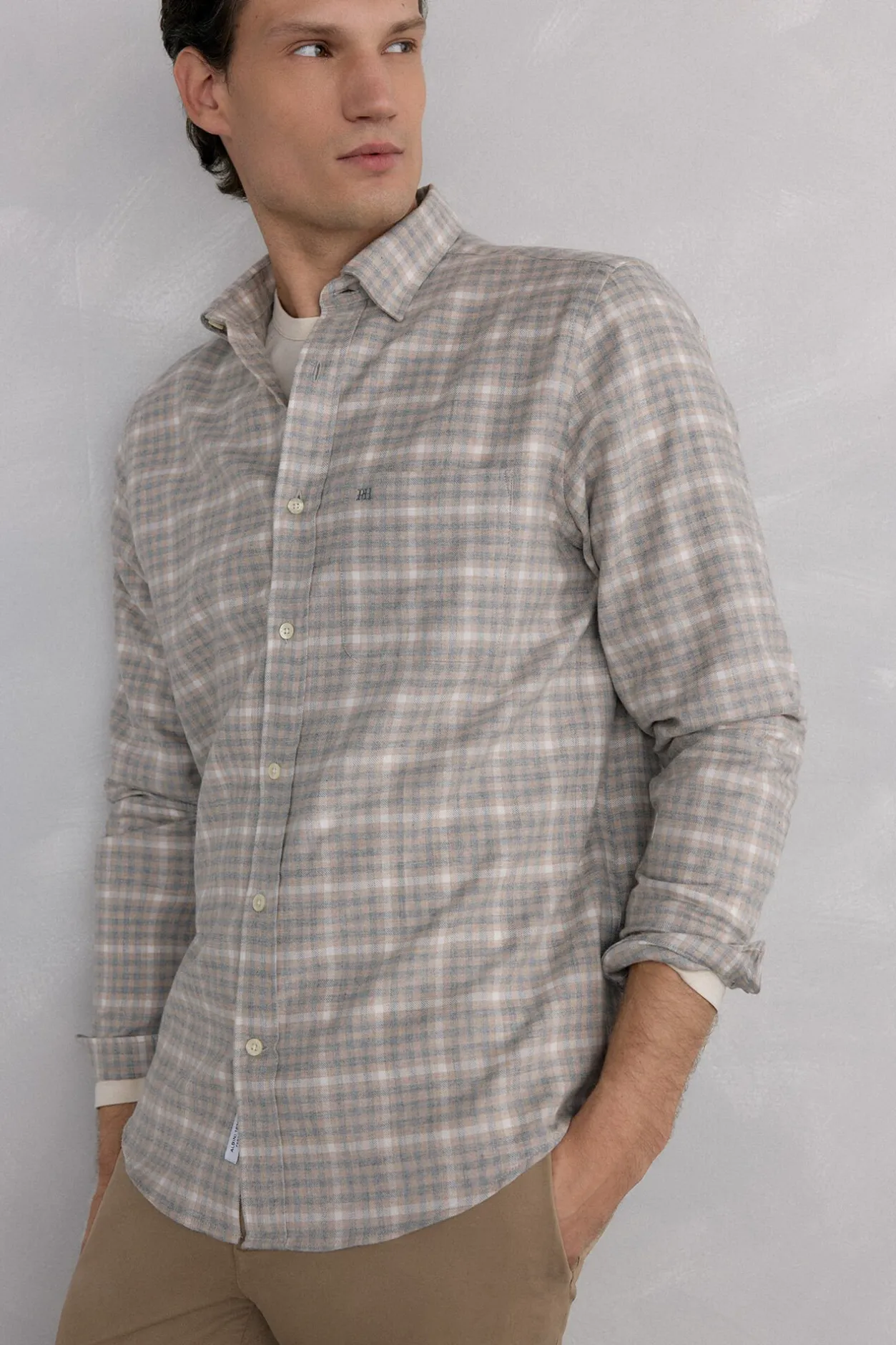 Pedro del Hierro Camisa cuadros franela tejido italiano Beige Online