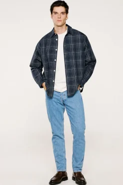 Selected Camisa de cuadros popelín. Azul marino Sale