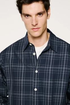 Selected Camisa de cuadros popelín. Azul marino Sale