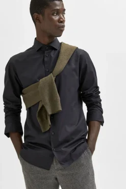 Selected Camisa de manga larga de vestir 100% algodón Negro New