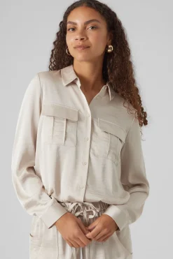 Vero Moda Camisa de manga larga efecto satinado Beige Discount