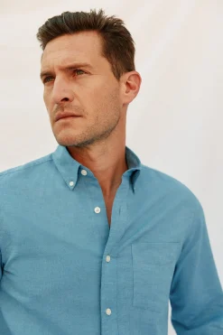 Cortefiel Camisa lino algodón liso Azul Clearance