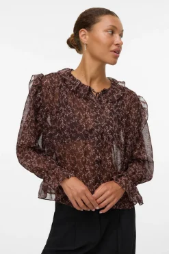 Vero Moda Camisa manga larga volantes Marr&oacute;n oscuro New