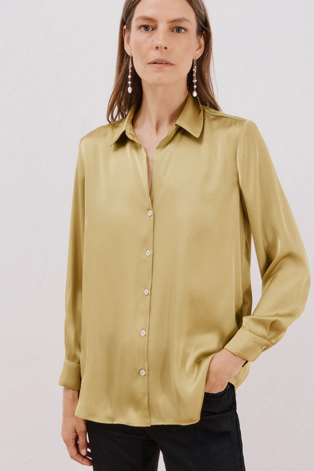 Cortefiel Camisa satinada Amarillo Clearance