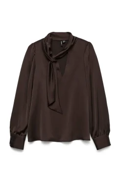 Vero Moda Camisa satinada escote lazada Marr&oacute;n oscuro Clearance