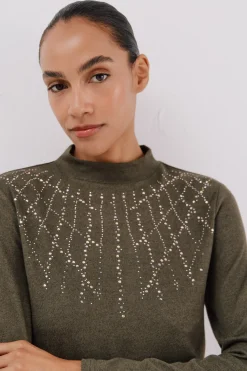 Cortefiel Camiseta con detalle strass Verde Clearance